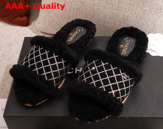 Chanel Winter Mules in Black Sheepskin with Crystal Replica