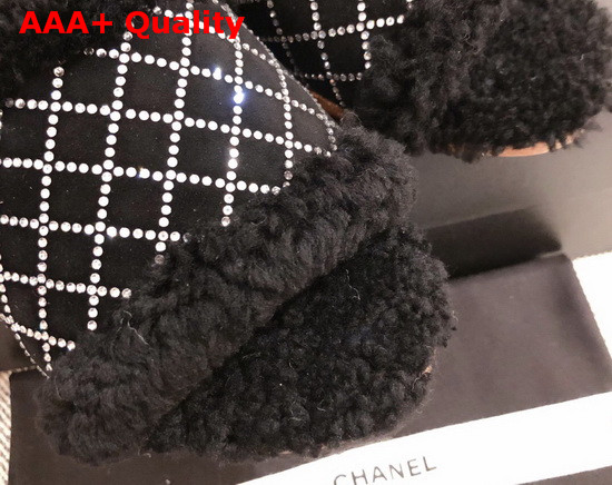 Chanel Winter Mules in Black Sheepskin with Crystal Replica