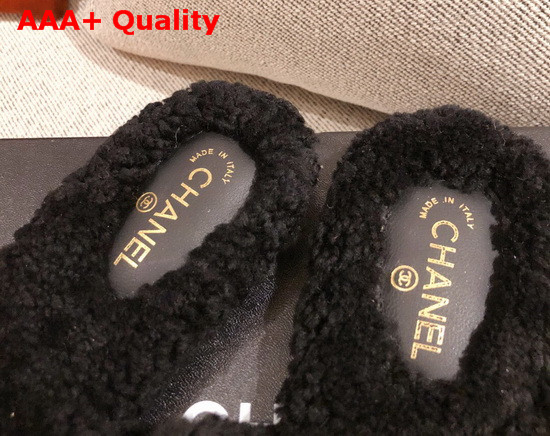 Chanel Winter Mules in Black Sheepskin with Crystal Replica