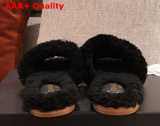 Chanel Winter Mules in Black Sheepskin with Crystal Replica