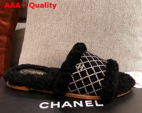 Chanel Winter Mules in Black Sheepskin with Crystal Replica