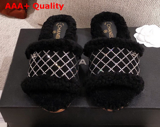 Chanel Winter Mules in Black Sheepskin with Crystal Replica