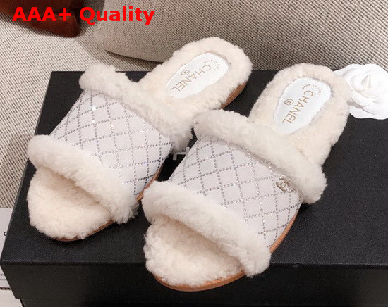 Chanel Winter Mules in White Sheepskin with Crystal Replica