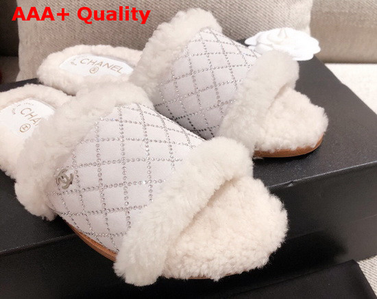 Chanel Winter Mules in White Sheepskin with Crystal Replica