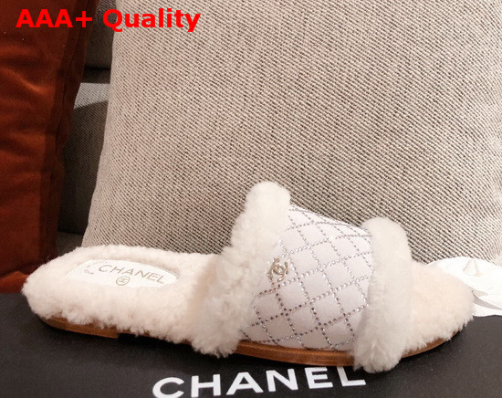 Chanel Winter Mules in White Sheepskin with Crystal Replica