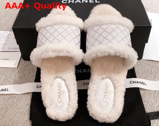 Chanel Winter Mules in White Sheepskin with Crystal Replica