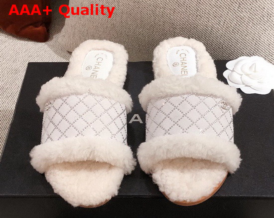 Chanel Winter Mules in White Sheepskin with Crystal Replica