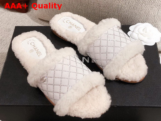 Chanel Winter Mules in White Sheepskin with Crystal Replica