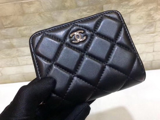 Chanel Zip Around Card Holder Wallet Black Lambskin