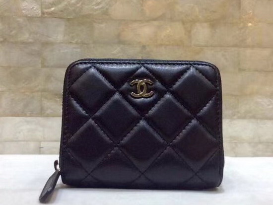 Chanel Zip Around Card Holder Wallet Black Lambskin