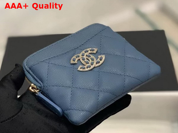 Chanel Zipped Coin Purse in Blue Grained Calfskin with Gold Tone Metal Replica