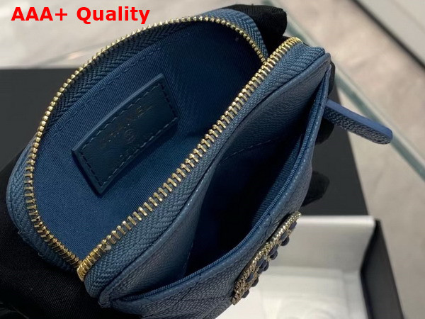 Chanel Zipped Coin Purse in Blue Grained Calfskin with Gold Tone Metal Replica