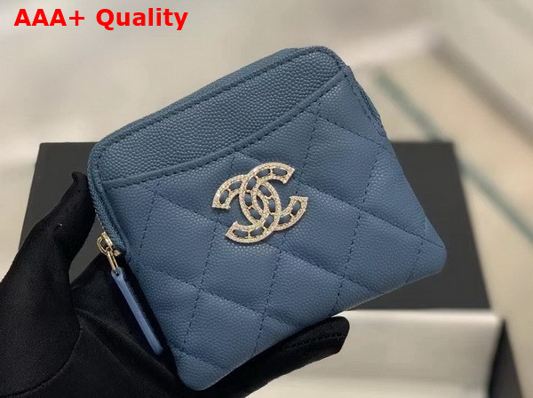 Chanel Zipped Coin Purse in Blue Grained Calfskin with Gold Tone Metal Replica