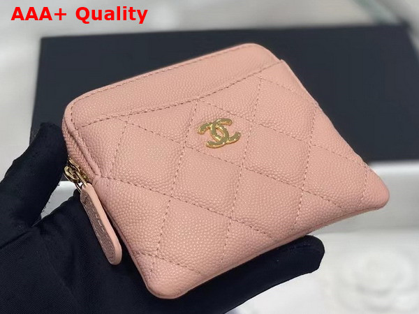 Chanel Zipped Coin Purse in Light Pink Grained Calfskin with Gold Tone Metal Replica