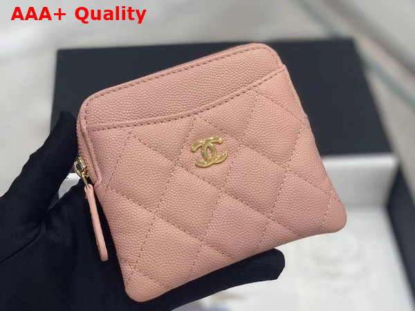 Chanel Zipped Coin Purse in Light Pink Grained Calfskin with Gold Tone Metal Replica