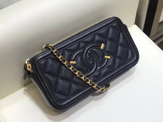 Chanel Zipped Wallet On Chain Black Grained Calfskin