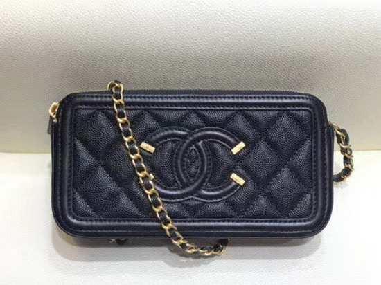 Chanel Zipped Wallet On Chain Black Grained Calfskin