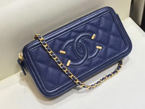 Chanel Zipped Wallet On Chain Navy Blue Grained Calfskin