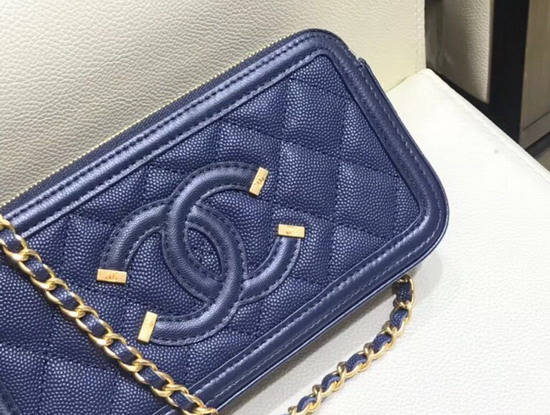 Chanel Zipped Wallet On Chain Navy Blue Grained Calfskin