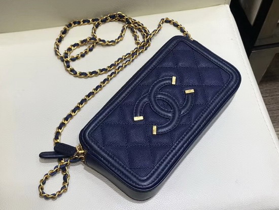 Chanel Zipped Wallet On Chain Navy Blue Grained Calfskin