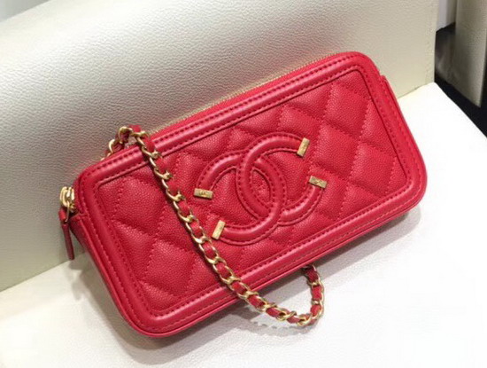 Chanel Zipped Wallet On Chain Red Grained Calfskin