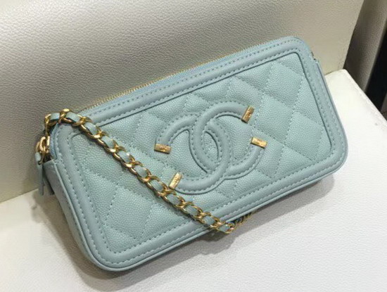 Chanel Zipped Wallet On Chain Turquoise Grained Calfskin