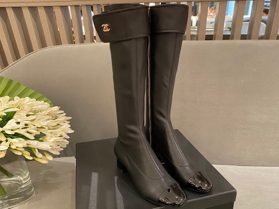 Chanel Zippy High Boots in Black Stretch Lambskin and Patent Leather Replica