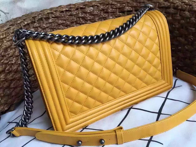 Medium Boy Chanel Flap Bag Yellow Lambskin Silver Hardware for Sale