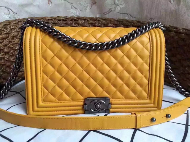 Medium Boy Chanel Flap Bag Yellow Lambskin Silver Hardware for Sale