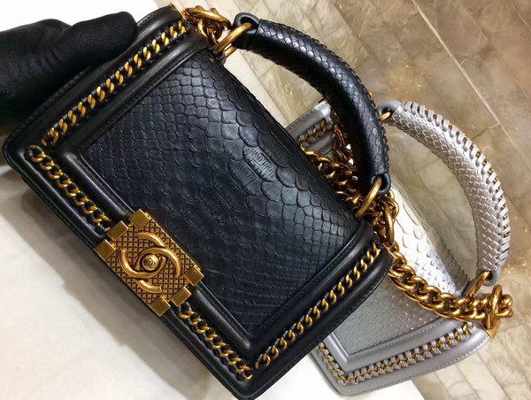 Small Boy Chanel Flap Bag with Handle Black Python Gold Metal For Sale