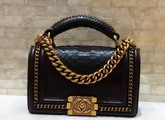 Small Boy Chanel Flap Bag with Handle Black Python Gold Metal For Sale