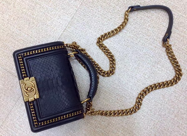 Small Boy Chanel Flap Bag with Handle Black Python Gold Metal For Sale