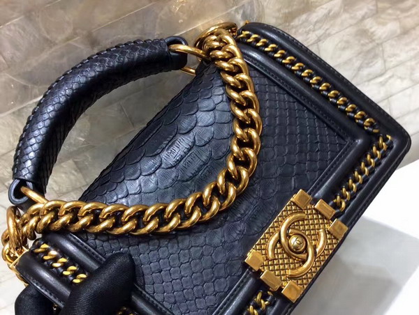 Small Boy Chanel Flap Bag with Handle Black Python Gold Metal For Sale