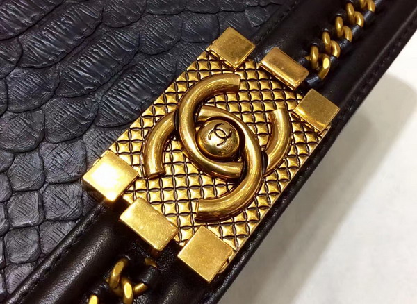 Small Boy Chanel Flap Bag with Handle Black Python Gold Metal For Sale