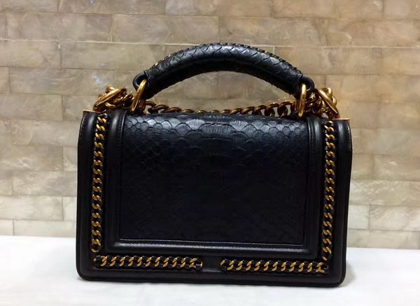 Small Boy Chanel Flap Bag with Handle Black Python Gold Metal For Sale