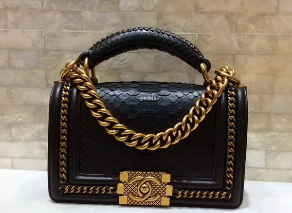 Small Boy Chanel Flap Bag with Handle Black Python Gold Metal For Sale