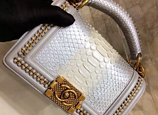 Small Boy Chanel Flap Bag with Handle Silver Python Gold Metal For Sale