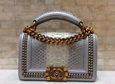 Small Boy Chanel Flap Bag with Handle Silver Python Gold Metal For Sale