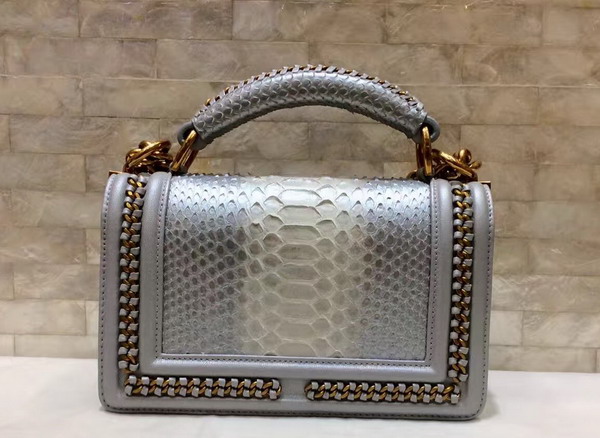 Small Boy Chanel Flap Bag with Handle Silver Python Gold Metal For Sale