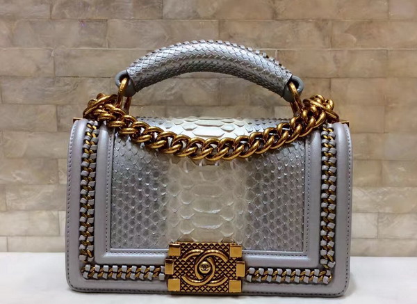 Small Boy Chanel Flap Bag with Handle Silver Python Gold Metal For Sale