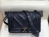 Small Boy Chanel Handbag Black Calfskin and Ruthenium Finish Metal A67085