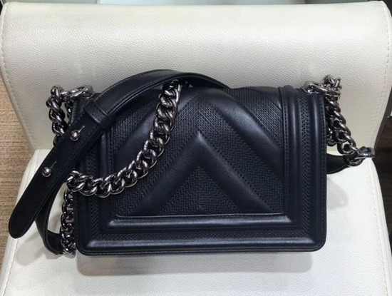 Small Boy Chanel Handbag Black Calfskin and Ruthenium Finish Metal A67085