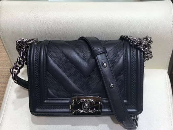 Small Boy Chanel Handbag Black Calfskin and Ruthenium Finish Metal A67085