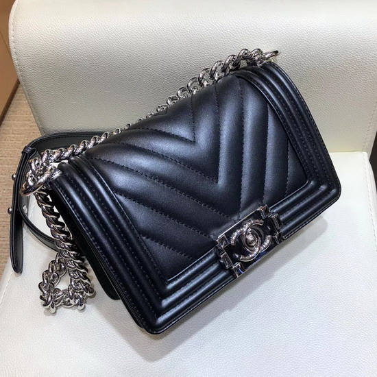 Small Boy Chanel Handbag Black Lambskin Resin and Silver Metal