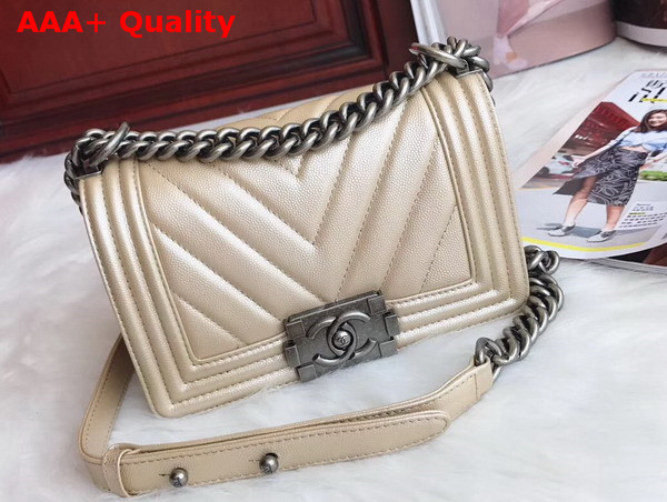 Small Boy Chanel Handbag Chevron Caviar Calfskin Beige Replica