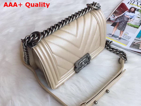 Small Boy Chanel Handbag Chevron Caviar Calfskin Beige Replica