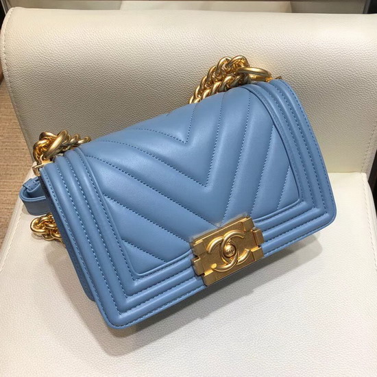 Small Boy Chanel Handbag Light Blue Lambskin Gold Hardware