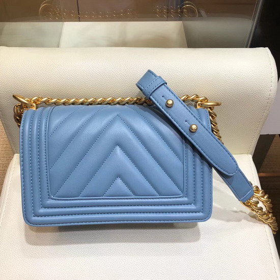 Small Boy Chanel Handbag Light Blue Lambskin Gold Hardware