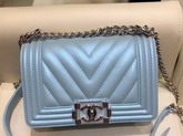 Small Boy Chanel Handbag Pearl Blue Lambskin Resin and Silver Metal