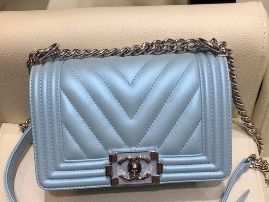 Small Boy Chanel Handbag Pearl Blue Lambskin Resin and Silver Metal